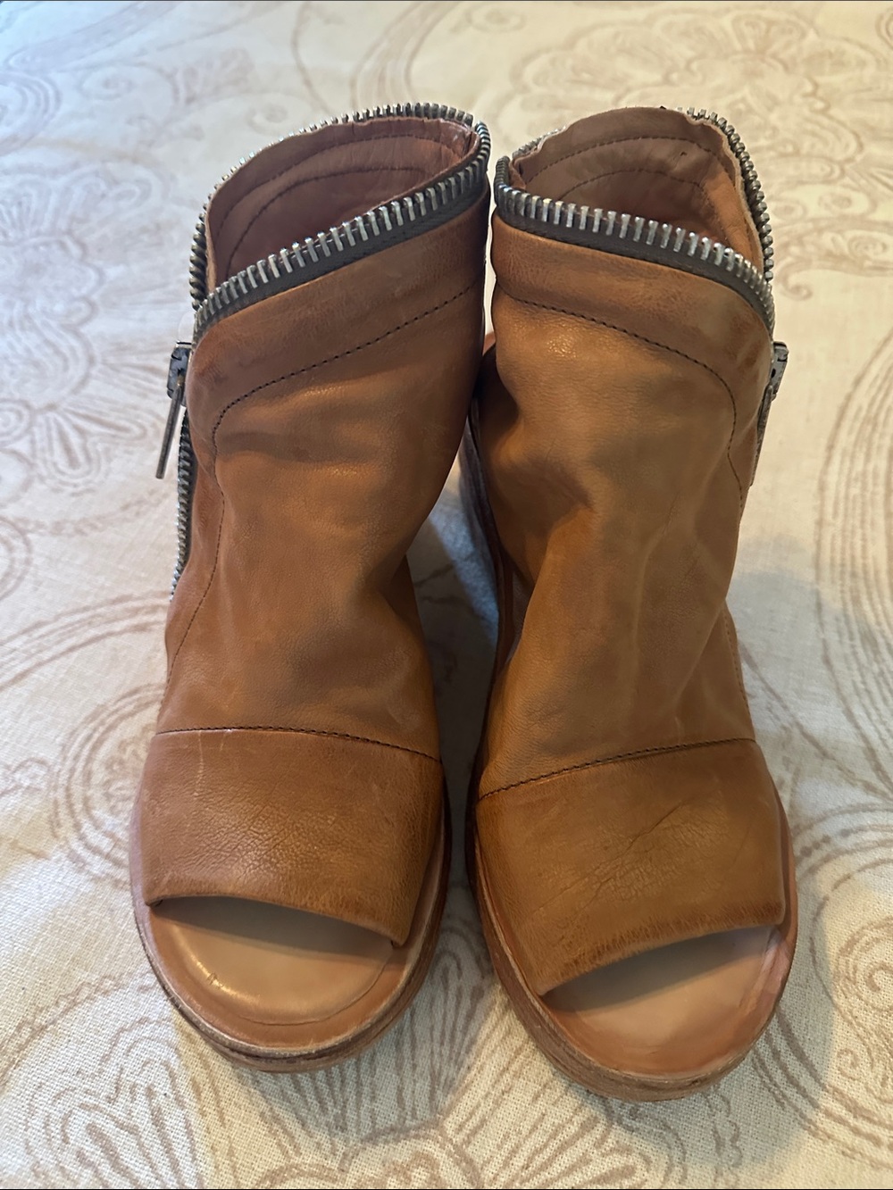 A.S.98 Cognac Leather Open-Toe Zip Mules